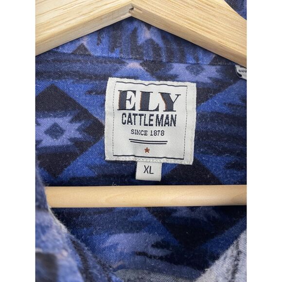 Ely Cattleman Mens XL Long Sleeve Button Up Cotton Flannel Aztec Blue - Picture 2 of 3